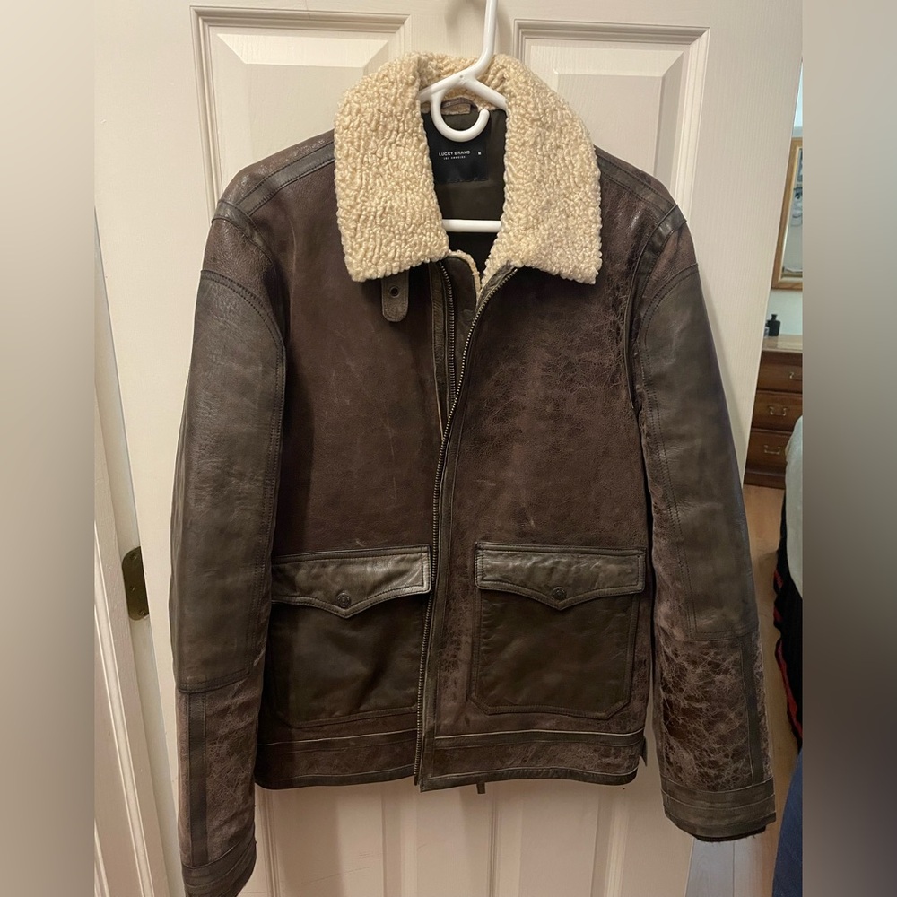 Lucky Brand Men's Brown Aviator Leather Jacket with Shearling Collar size M